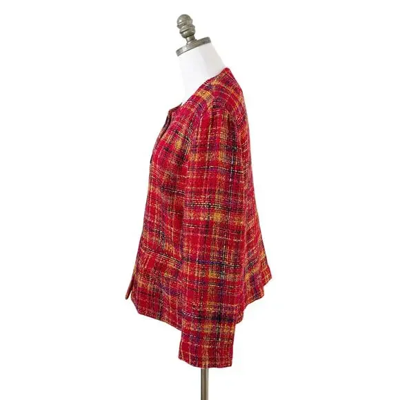 Vintage 90s N Touch Red Plaid Tweed Blazer/Top Women's M/L Button Up Crew Neck - Picture 3 of 6